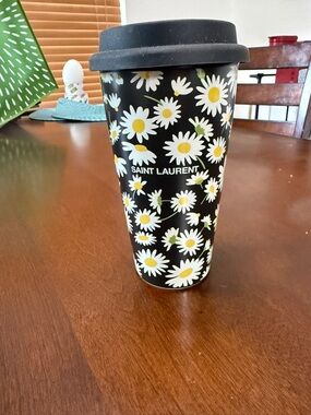 Saint Laurent Black Travel Cup with White & Yellow Daisy Print